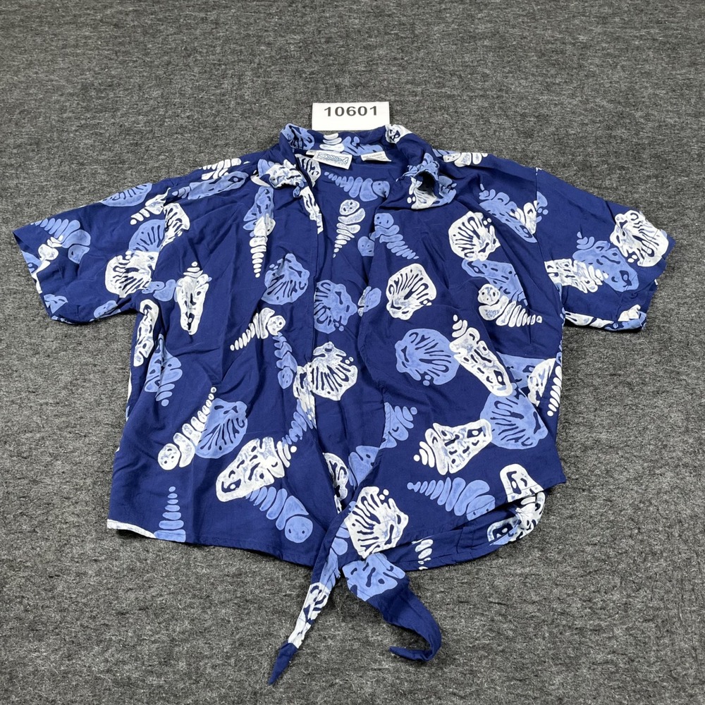 Back East Blouse Top Women Medium Blue Sea Shell Print Front Tie Casual Hawaiian